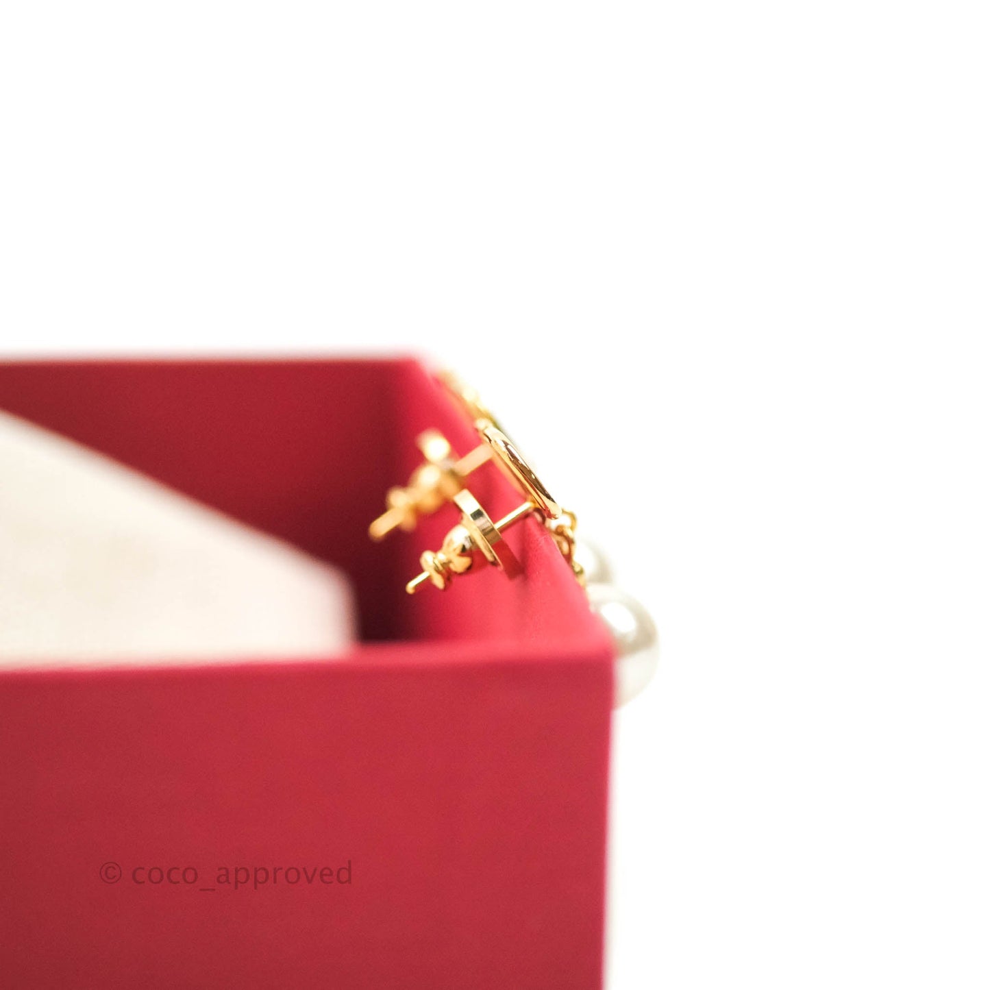 Valentino Logo Pearl Drop Earrings Gold Tone