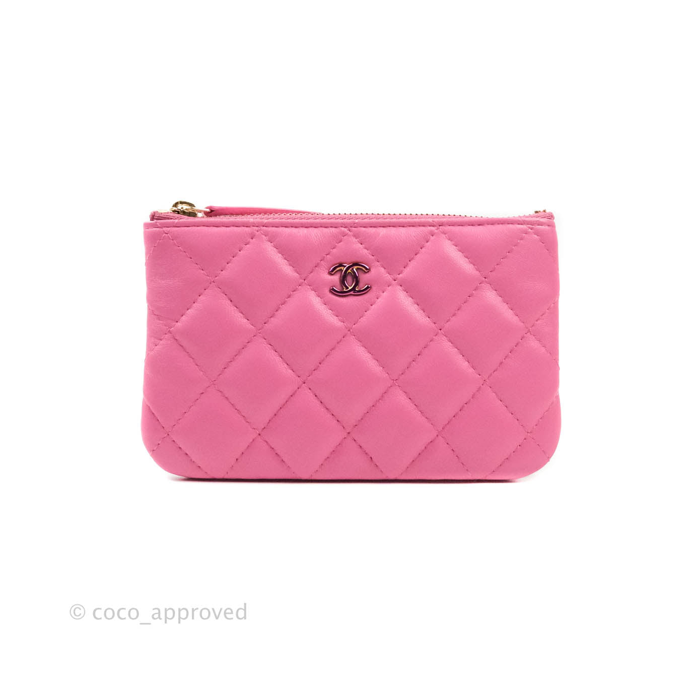 Chanel Quilted Mini O Case Pink Lambskin Gold Hardware & Rainbow Metal