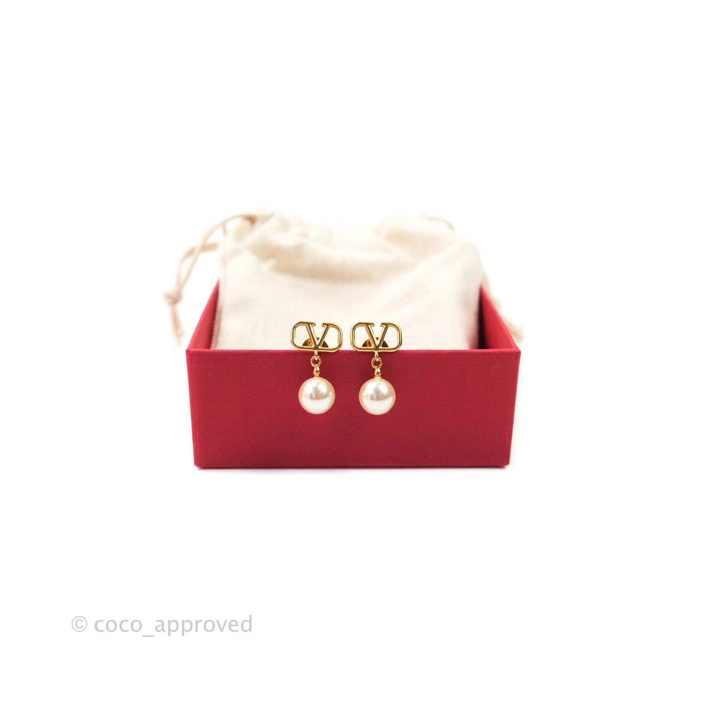 Valentino Logo Pearl Drop Earrings Gold Tone