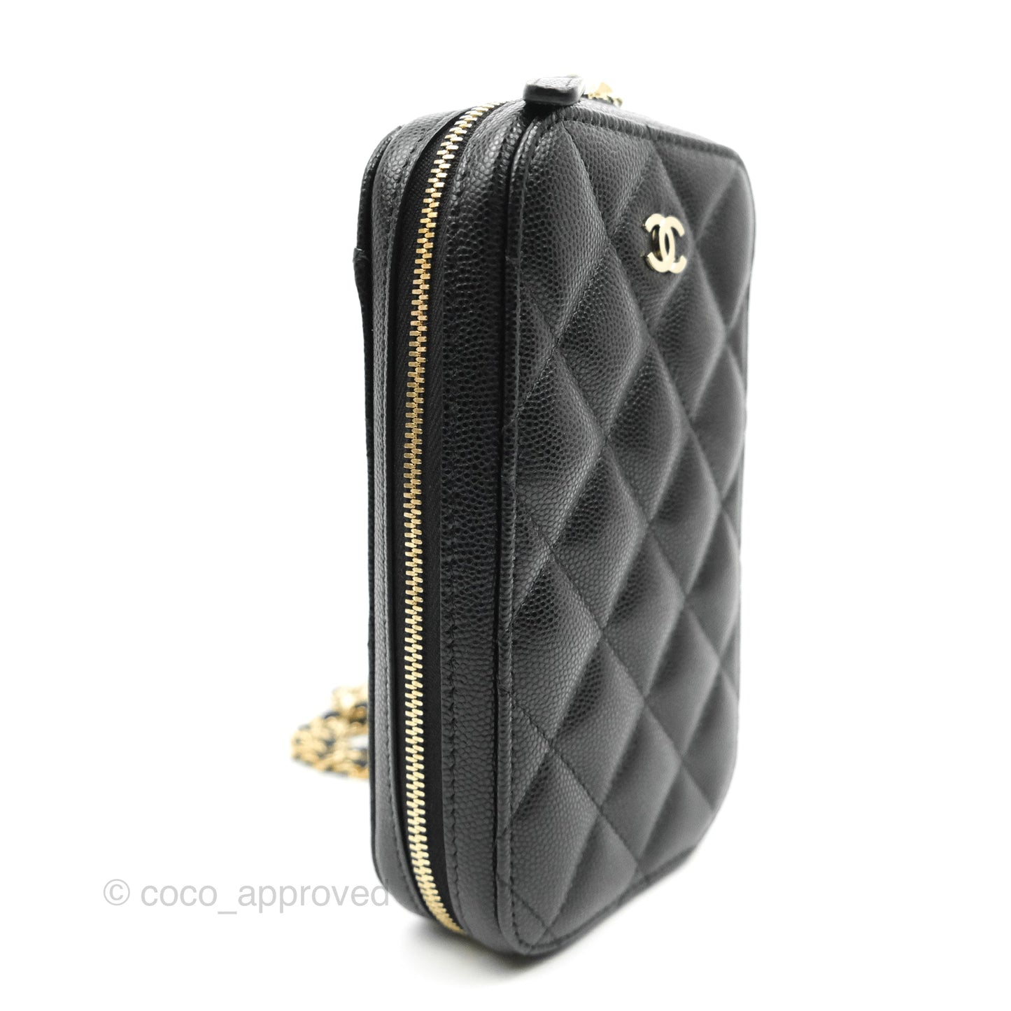 Chanel Quilted WOC Phone Holder Black Caviar Gold Hardware
