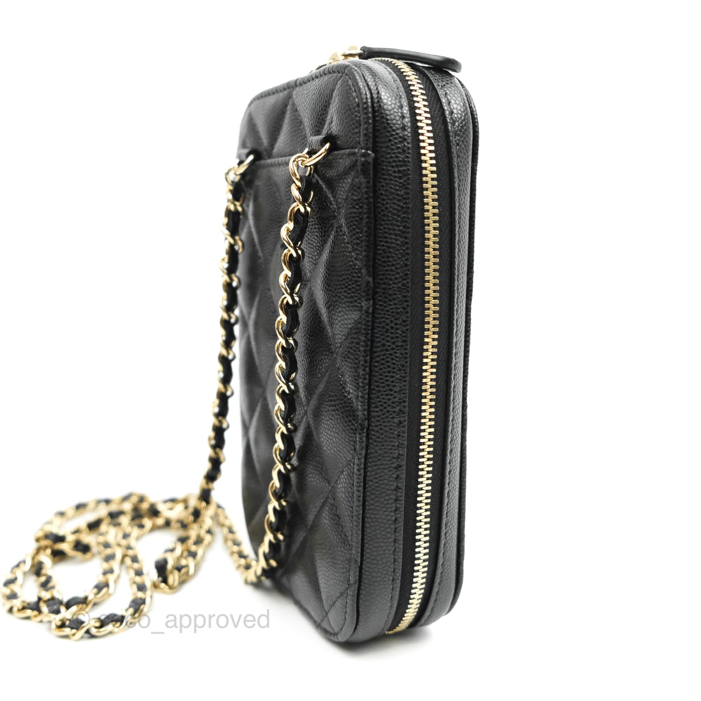 Chanel Quilted WOC Phone Holder Black Caviar Gold Hardware