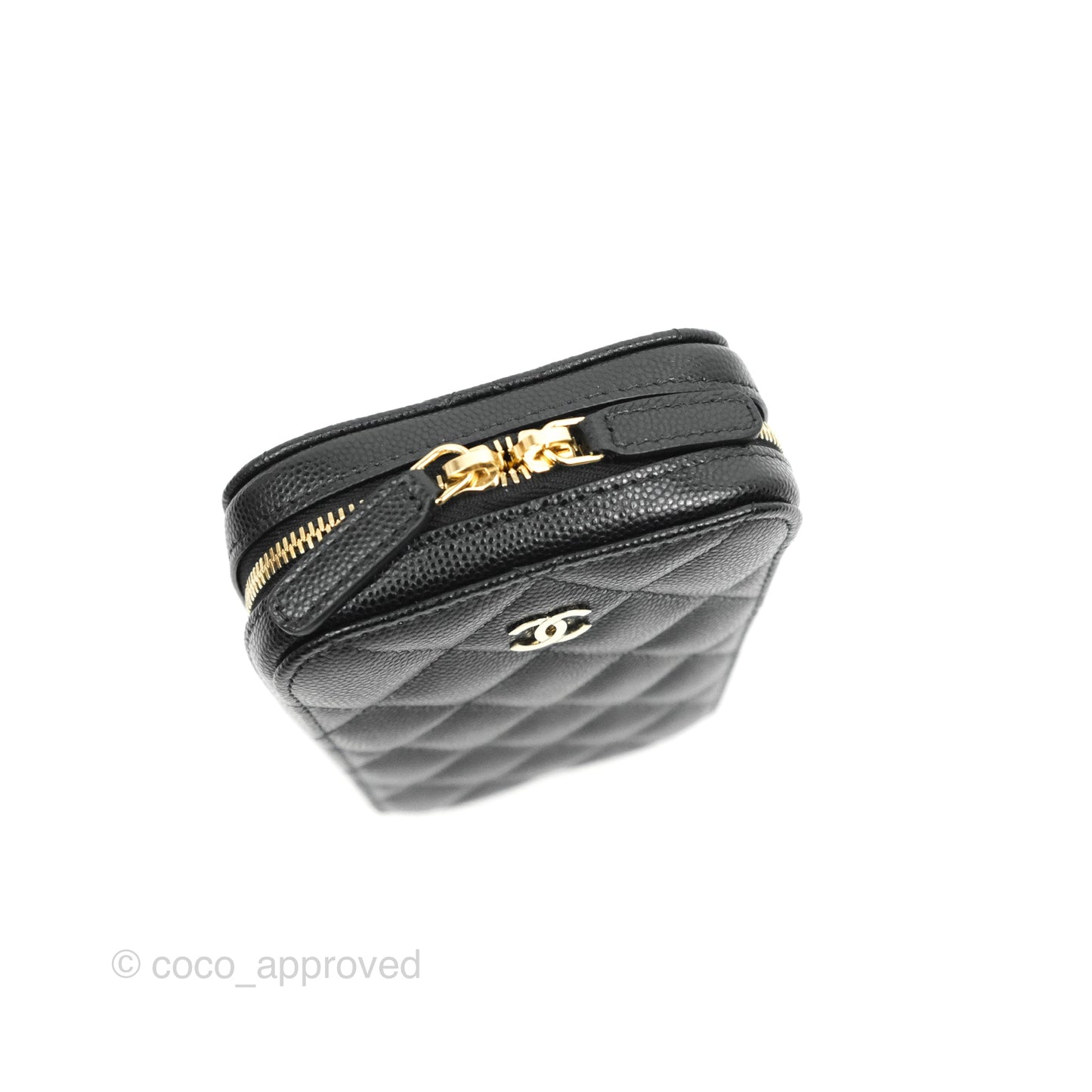 Chanel Quilted WOC Phone Holder Black Caviar Gold Hardware