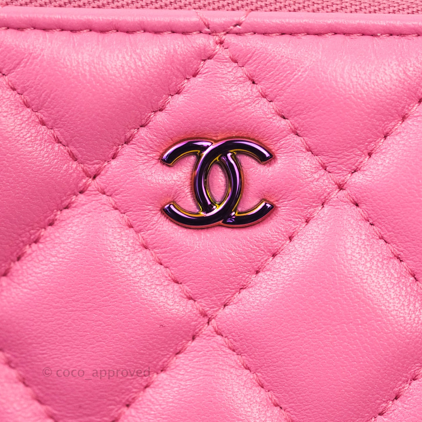 Chanel Quilted Mini O Case Pink Lambskin Gold Hardware & Rainbow Metal