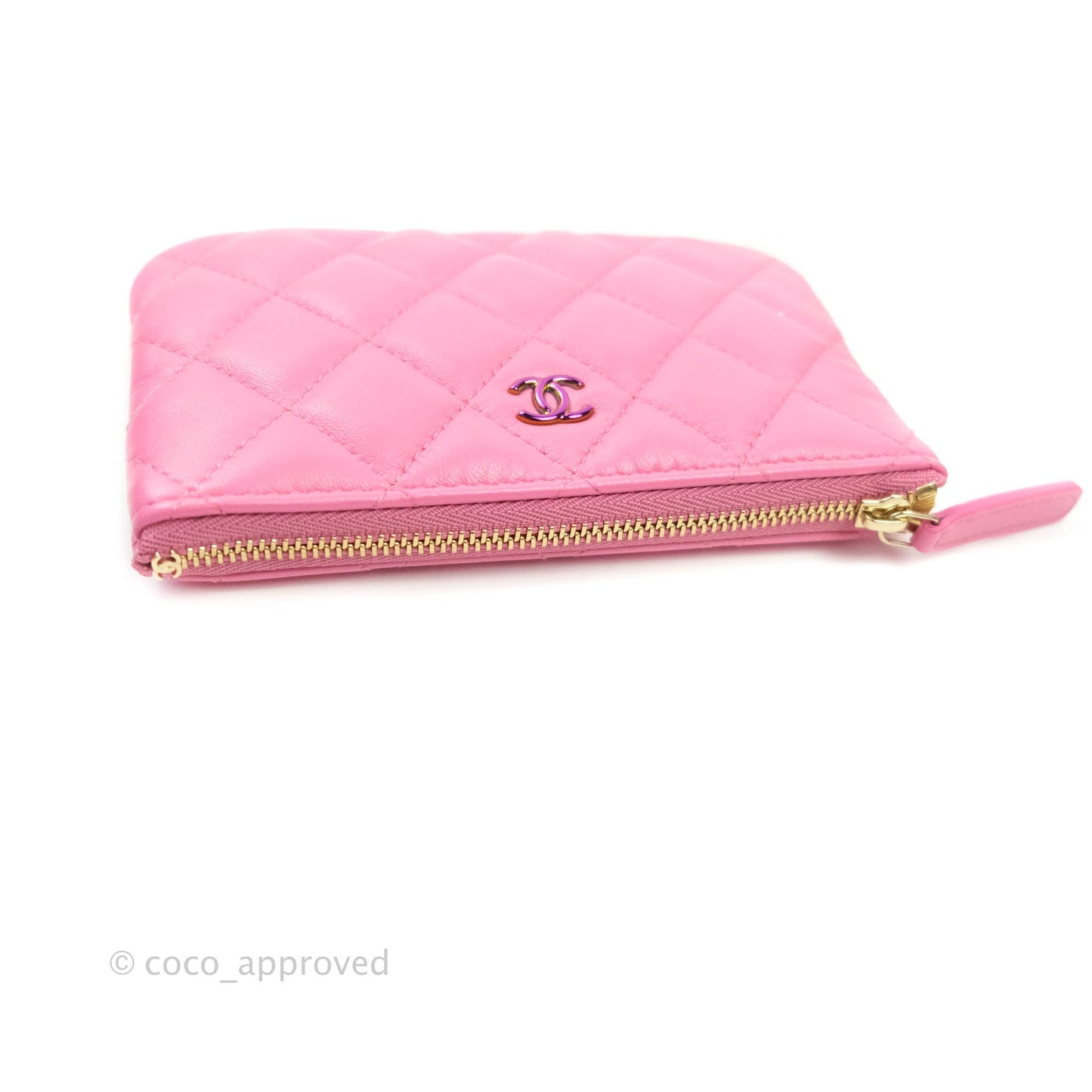 Chanel Quilted Mini O Case Pink Lambskin Gold Hardware & Rainbow Metal