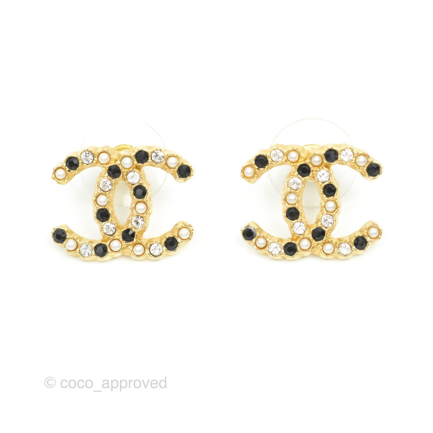 Chanel CC Pearl Crystal Earrings Gold Tone 21V
