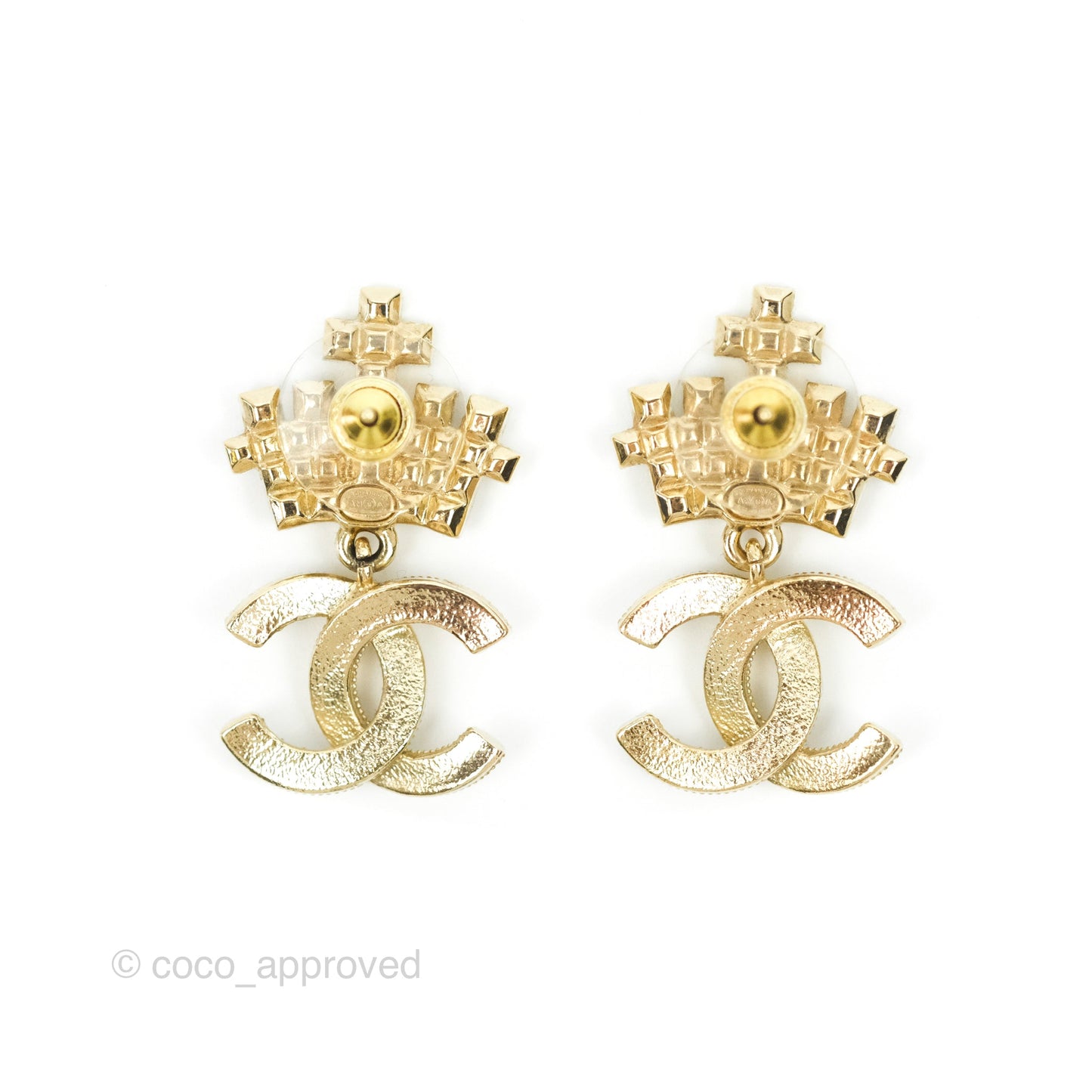 Chanel Crystal Pearl Crown CC Drop Earrings Gold Tone 21A