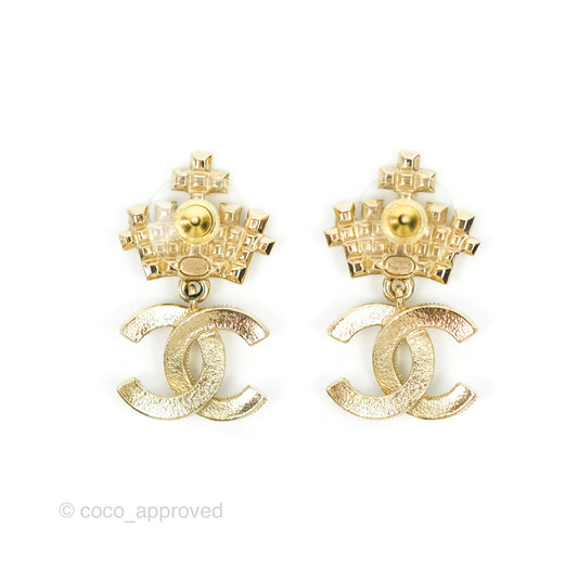 Chanel Crystal Pearl Crown CC Drop Earrings Gold Tone 21A