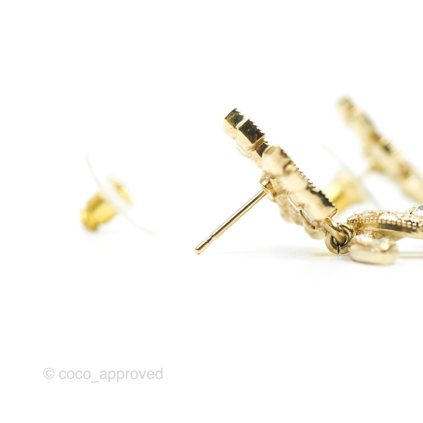 Chanel Crystal Pearl Crown CC Drop Earrings Gold Tone 21A