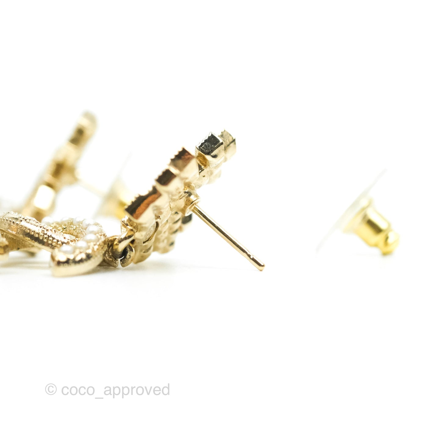 Chanel Crystal Pearl Crown CC Drop Earrings Gold Tone 21A