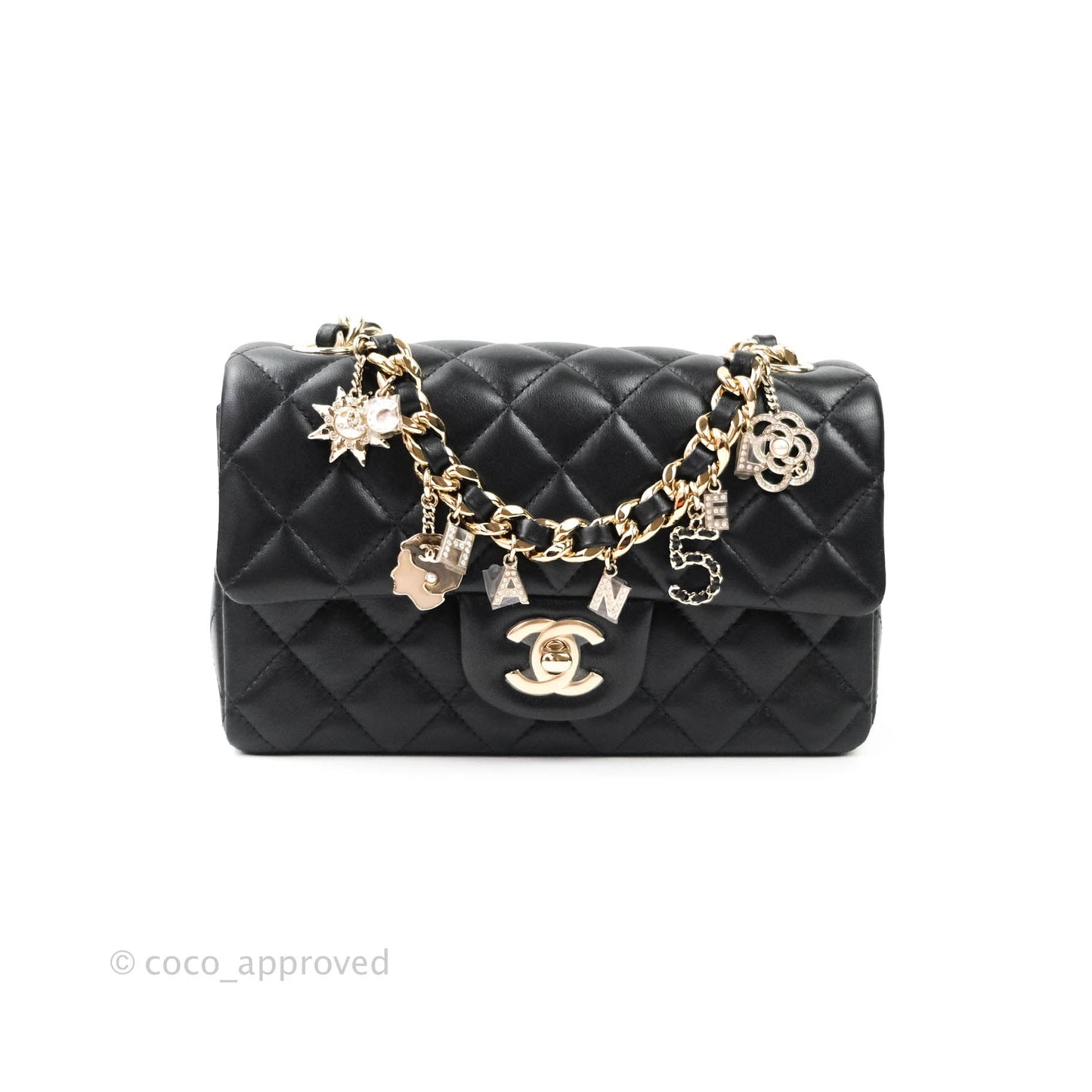 Chanel Quilted Mini Rectangular Lambskin Black Flap With Charms Gold Hardware 21C