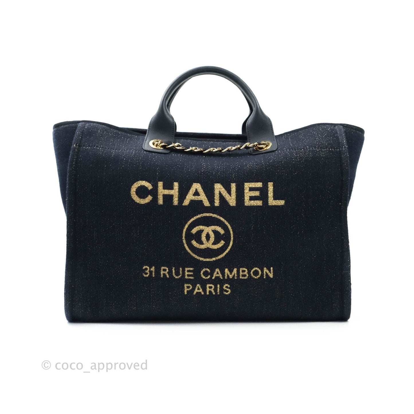 Chanel Large Deauville Navy Glitter Canvas Gold Hardware