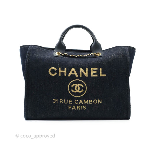 Chanel Large Deauville Navy Glitter Canvas Gold Hardware