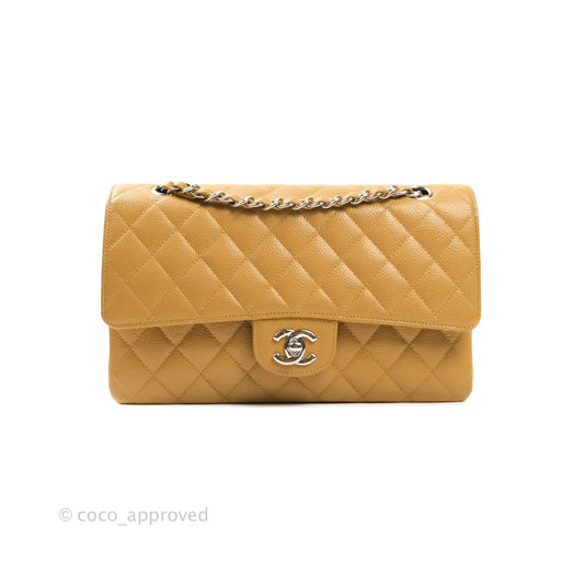 Chanel Caviar Quilted M/L Medium Double Flap Dark Beige Silver Hardware