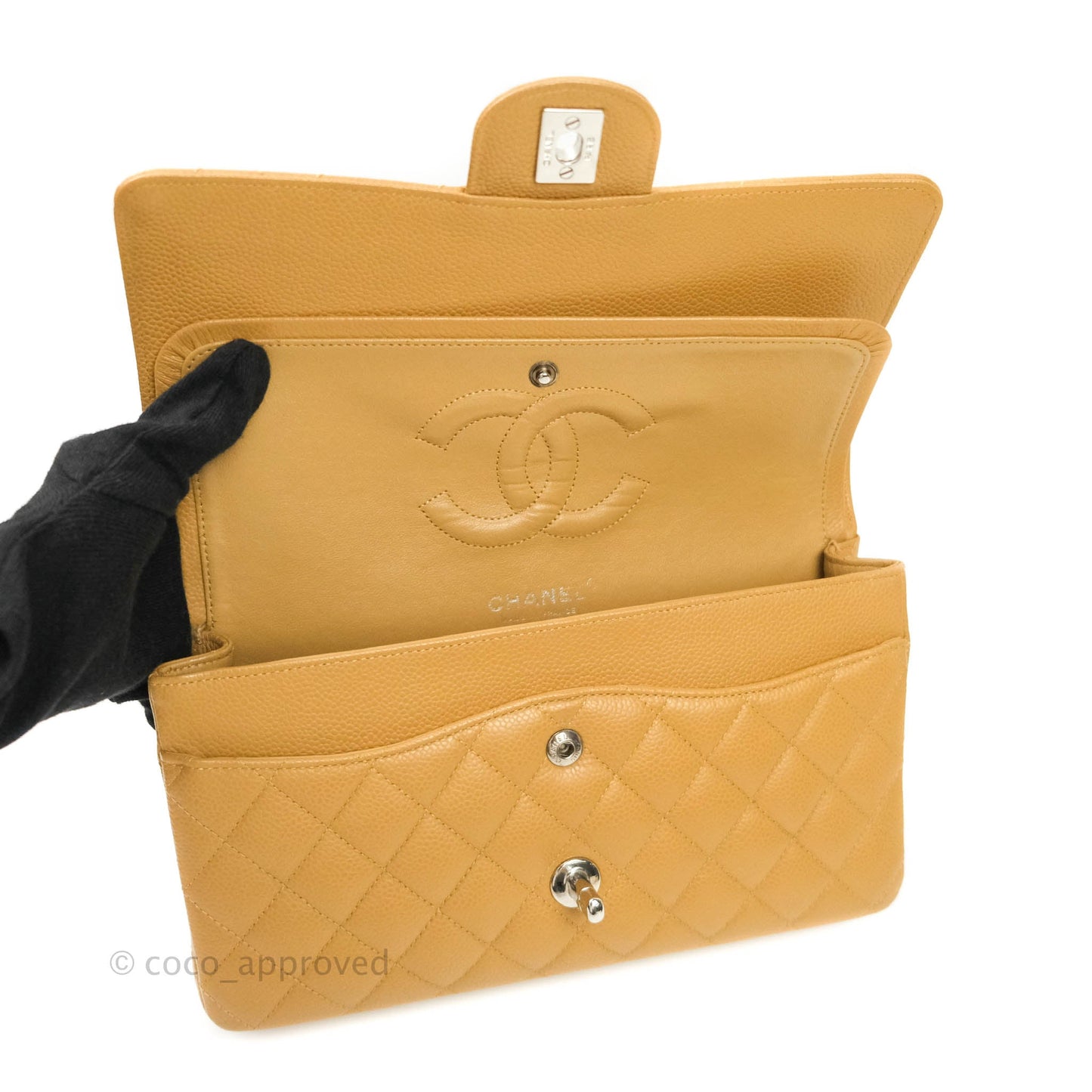 Chanel Caviar Quilted M/L Medium Double Flap Dark Beige Silver Hardware