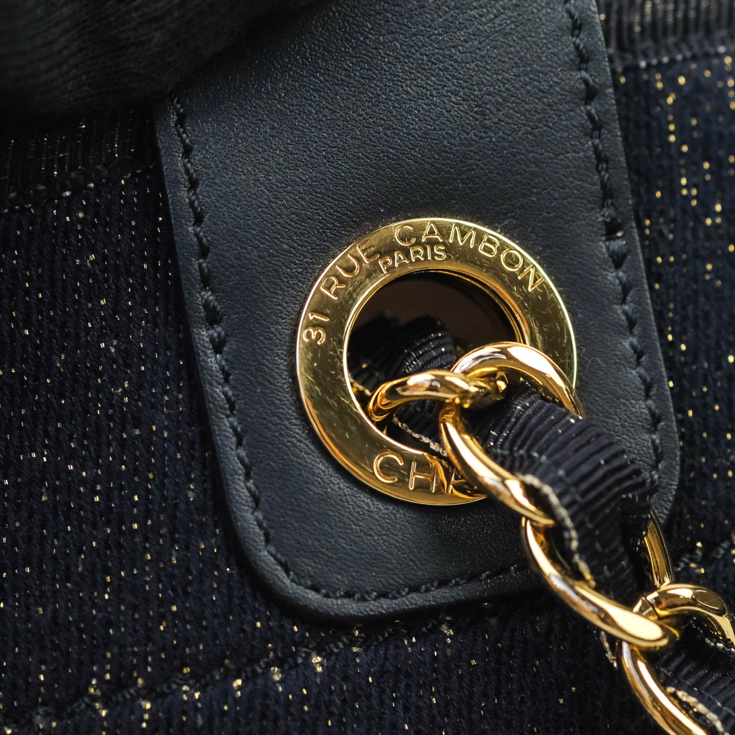 Chanel Large Deauville Navy Glitter Canvas Gold Hardware