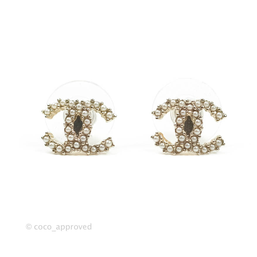 Chanel Mini CC Pearl Crystal Earrings Gold Tone 20K