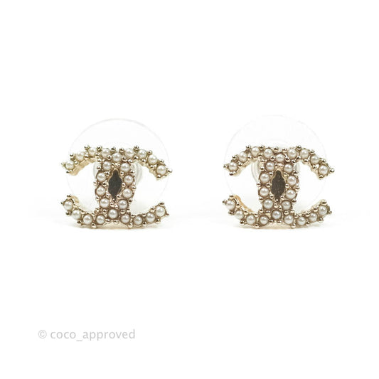 Chanel Mini CC Pearl Crystal Earrings Gold Tone 20K