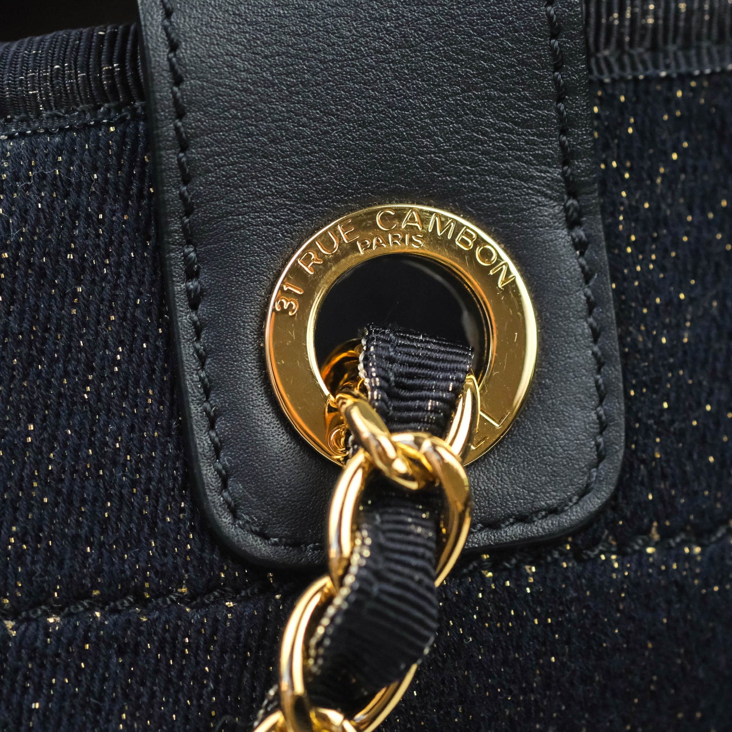 Chanel Large Deauville Navy Glitter Canvas Gold Hardware