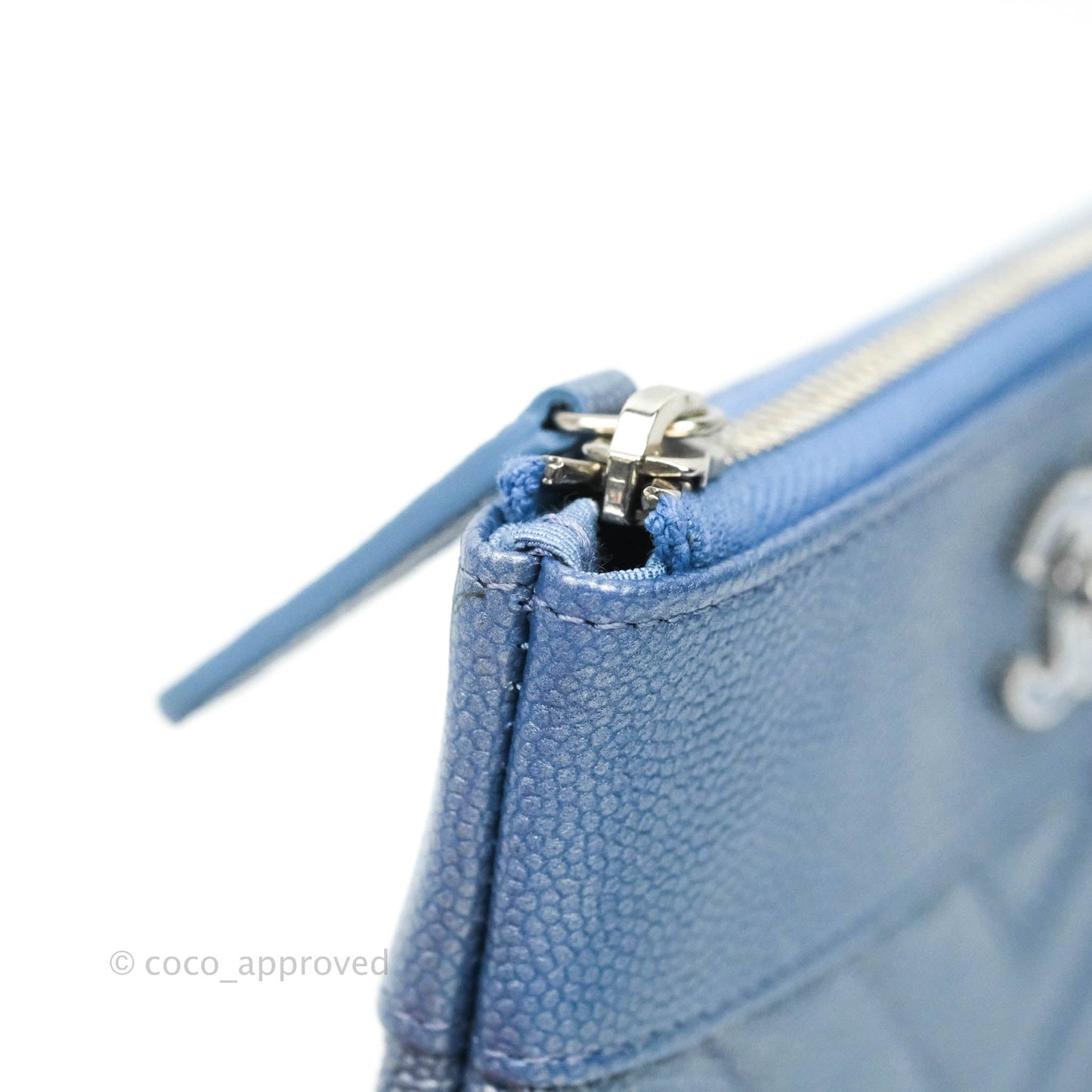 Chanel V Stitch Mademoiselle Mini O Case Iridescent Blue Caviar Silver Hardware