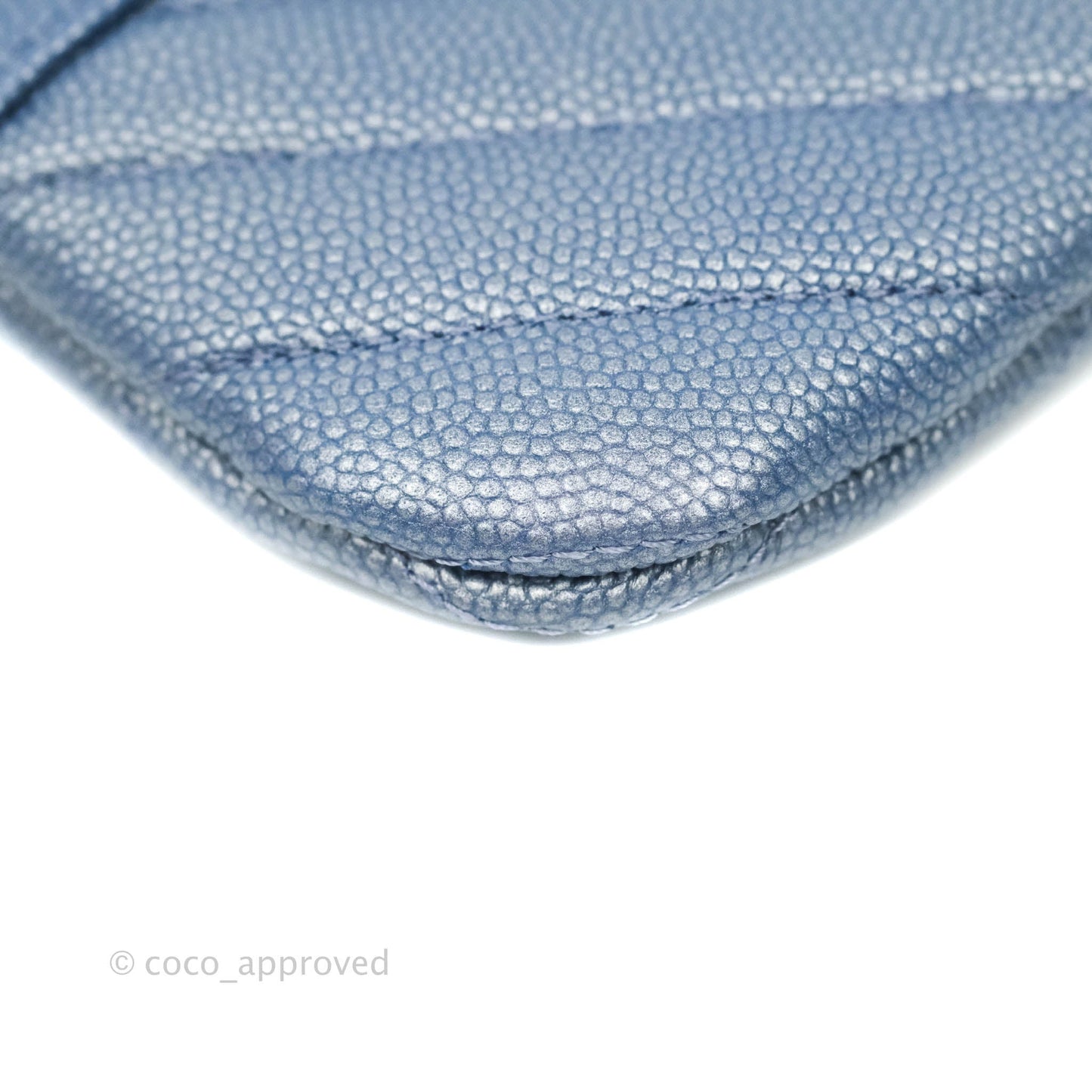 Chanel V Stitch Mademoiselle Mini O Case Iridescent Blue Caviar Silver Hardware