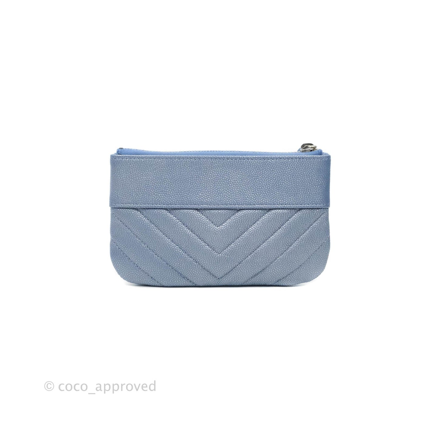 Chanel V Stitch Mademoiselle Mini O Case Iridescent Blue Caviar Silver Hardware
