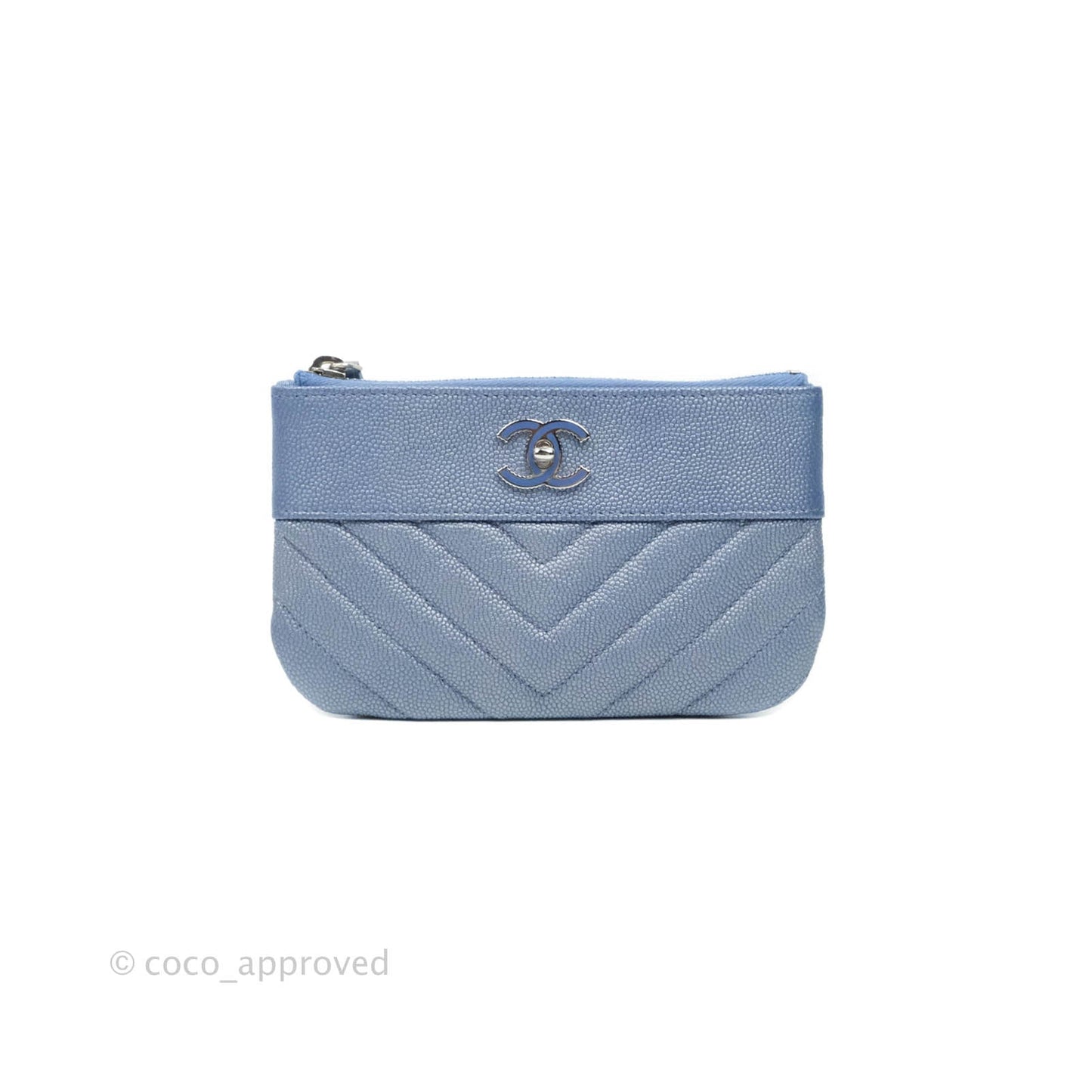 Chanel V Stitch Mademoiselle Mini O Case Iridescent Blue Caviar Silver Hardware