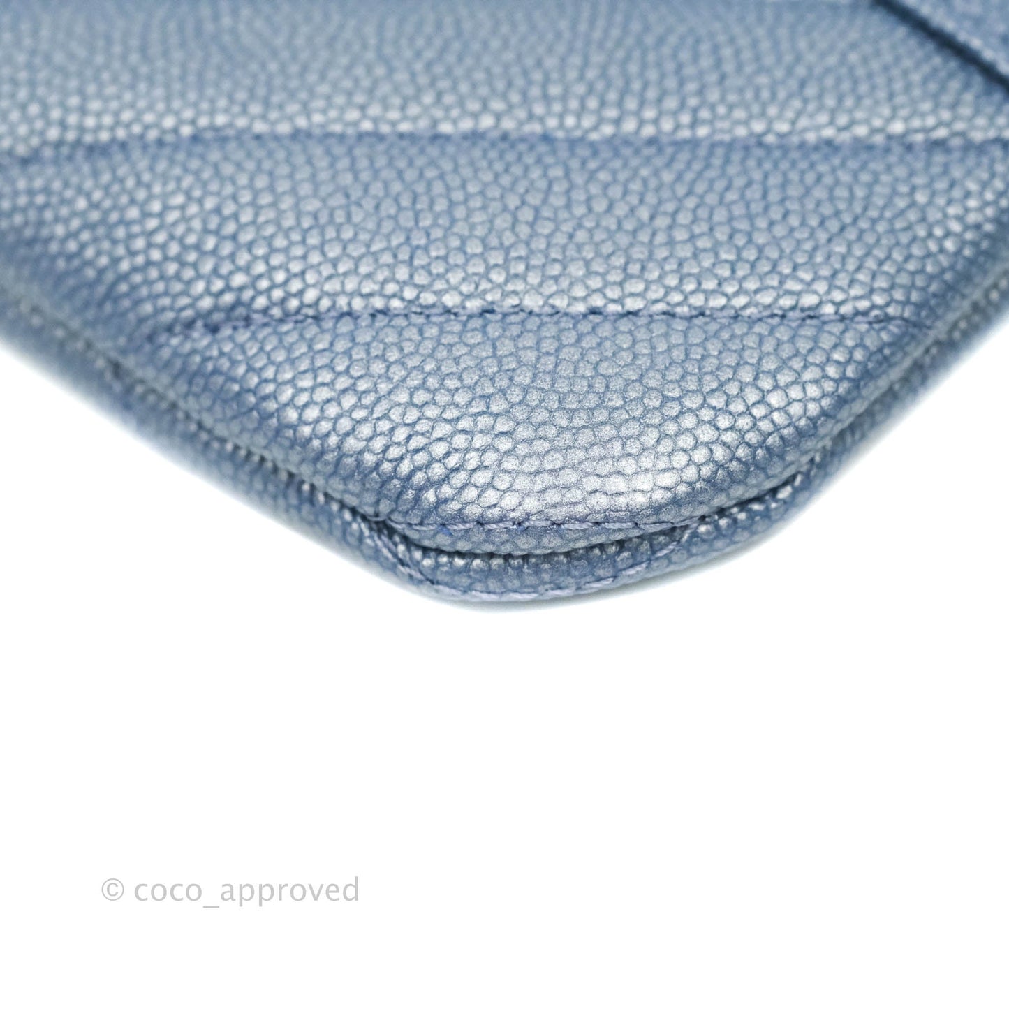 Chanel V Stitch Mademoiselle Mini O Case Iridescent Blue Caviar Silver Hardware