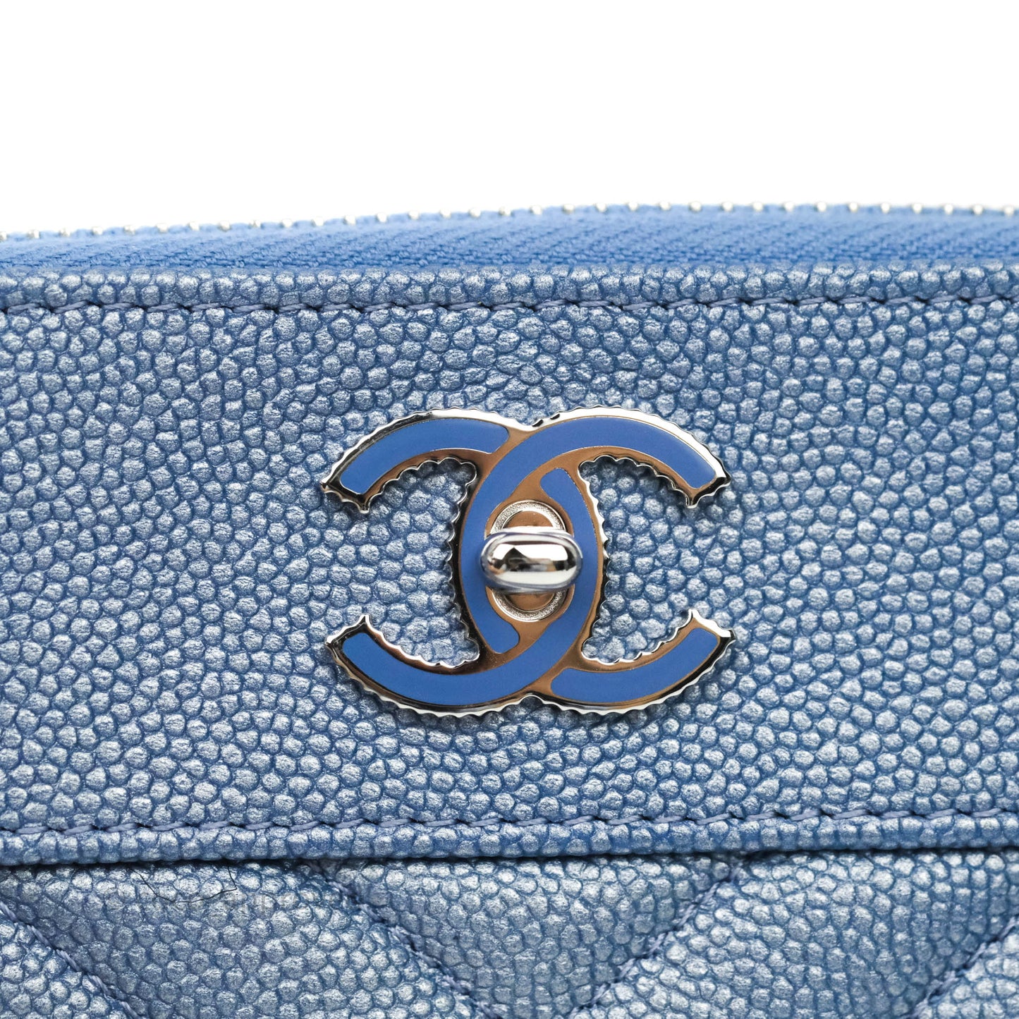 Chanel V Stitch Mademoiselle Mini O Case Iridescent Blue Caviar Silver Hardware