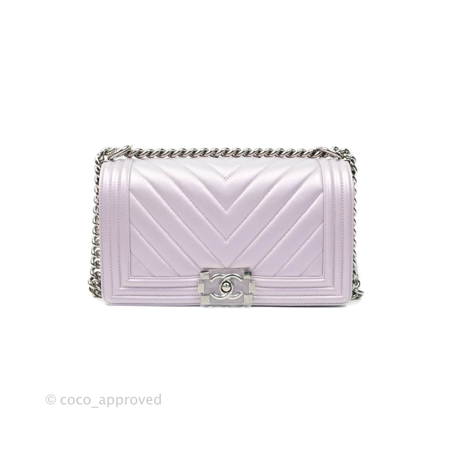 Chanel Boy Chevron Medium Iridescent Lilac Calfskin Silver Hardware
