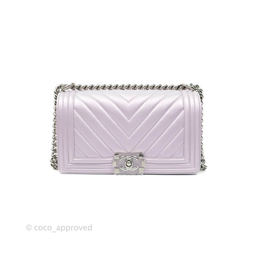 Chanel Boy Chevron Medium Iridescent Lilac Calfskin Silver Hardware