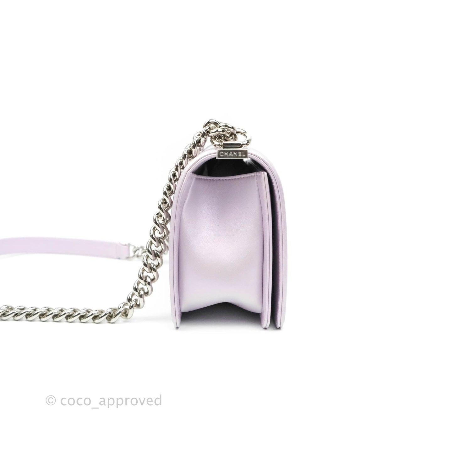 Chanel Boy Chevron Medium Iridescent Lilac Calfskin Silver Hardware