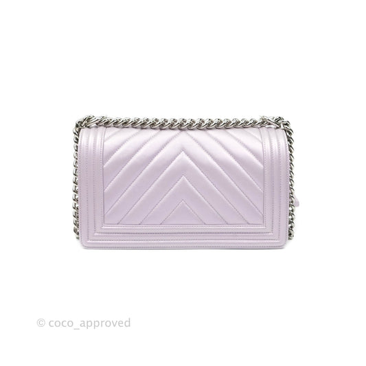 Chanel Boy Chevron Medium Iridescent Lilac Calfskin Silver Hardware