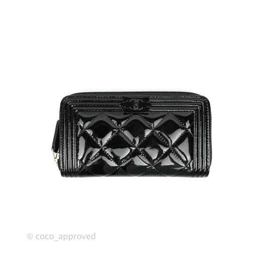 Chanel Boy Quilted Medium Zip Wallet Black Patent