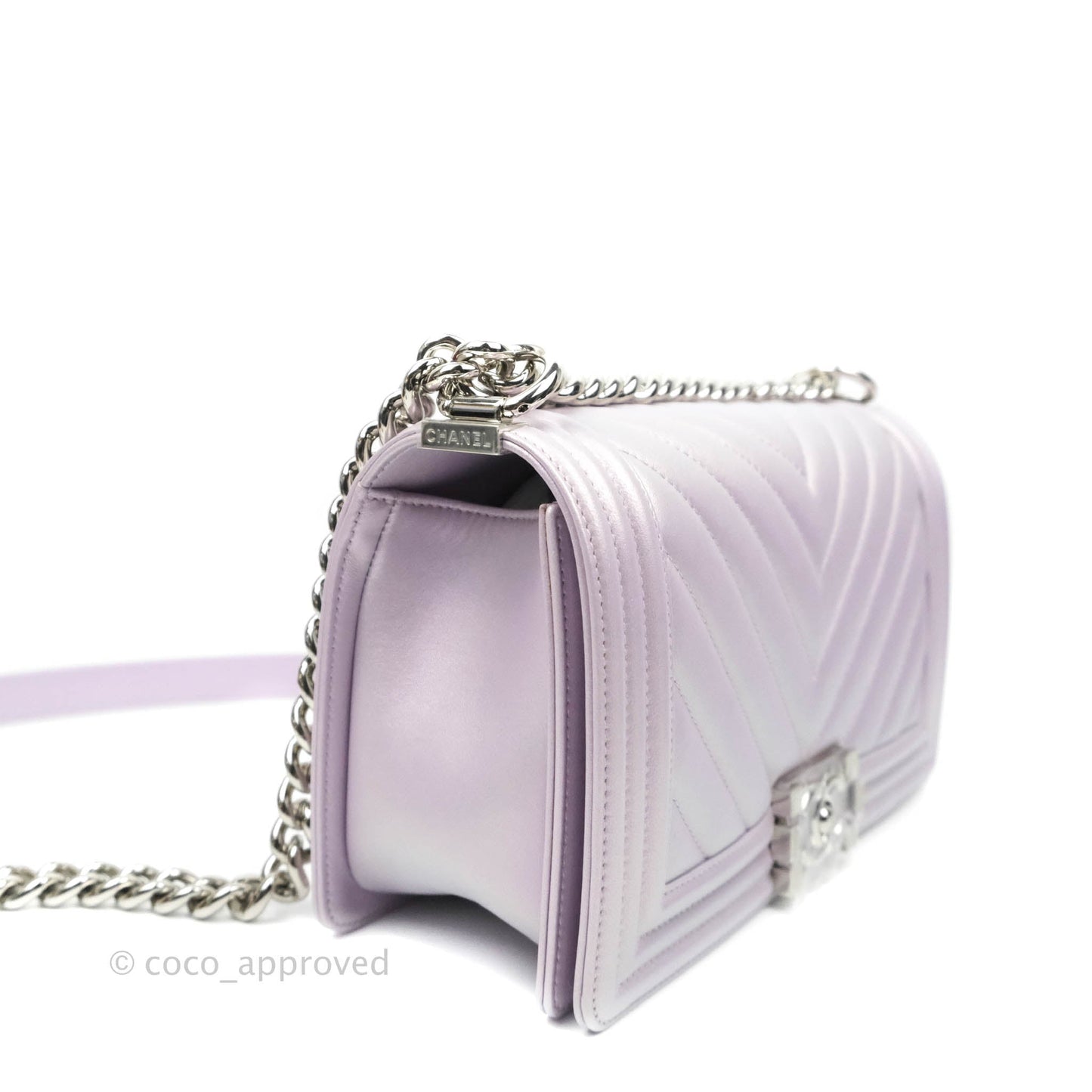 Chanel Boy Chevron Medium Iridescent Lilac Calfskin Silver Hardware