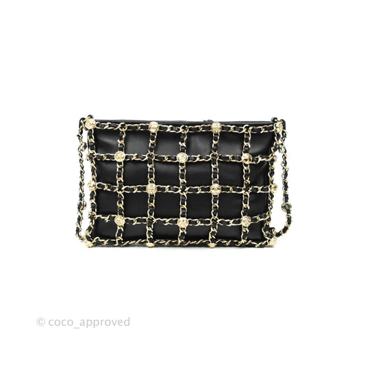 Chanel Leather Clutch with Chain Black Lambskin Light Gold Hardware
