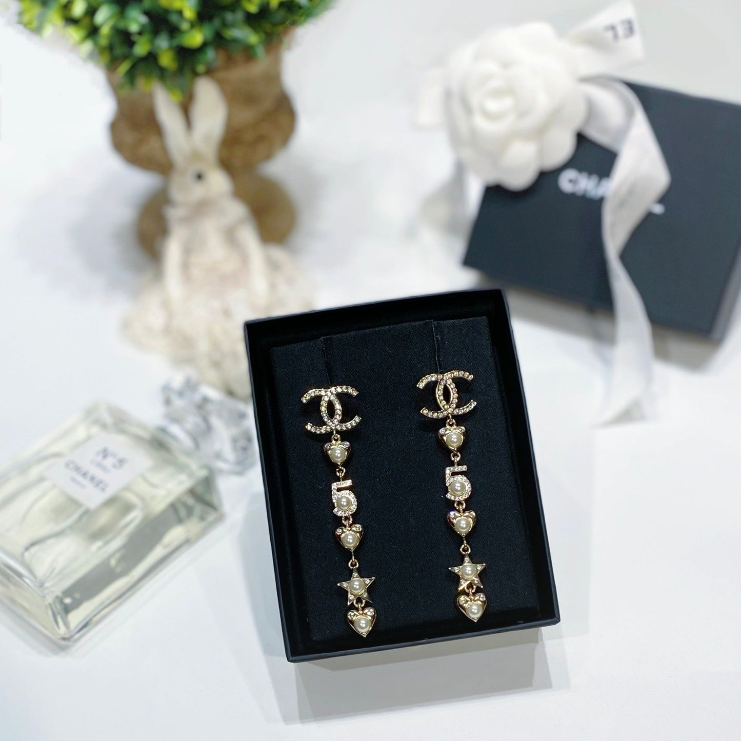 No.3636-Chanel Metal Crystal Heart & Star No.5 Earrings