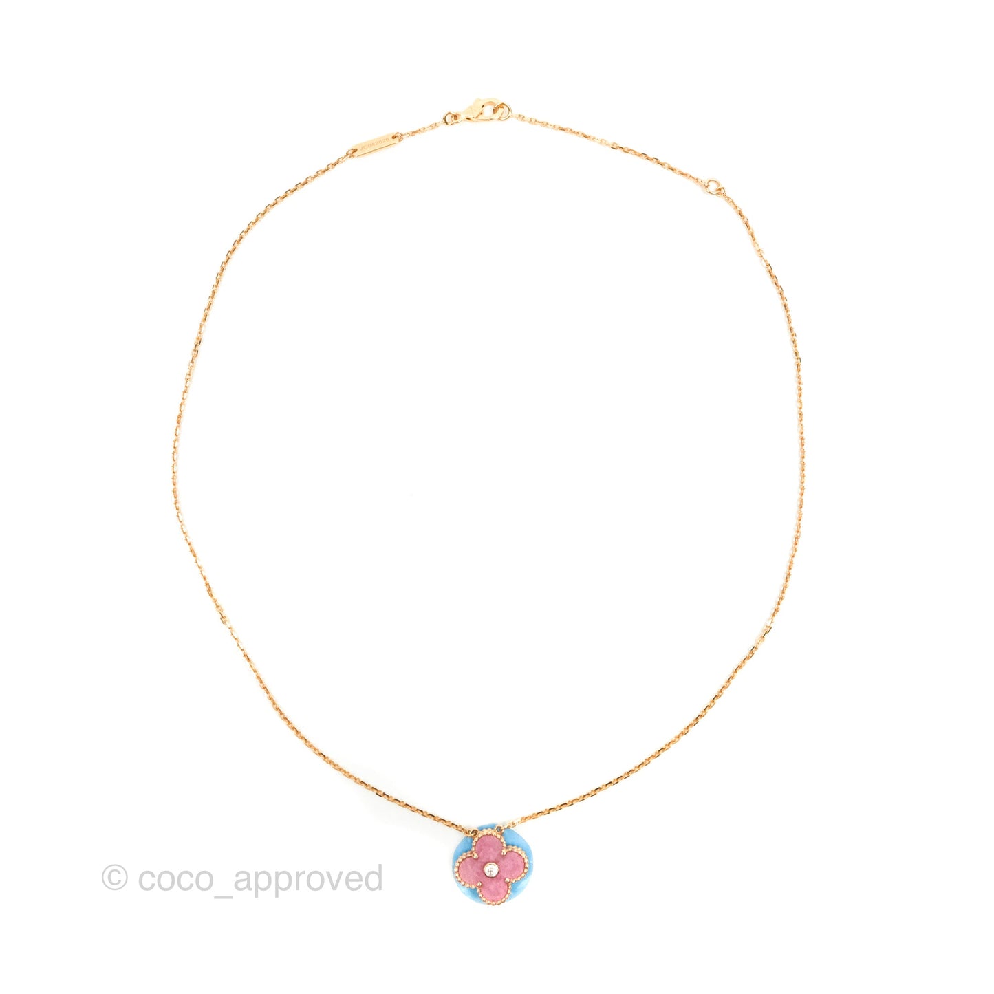 Van Cleef & Arpels Vintage Alhambra Diamond Rhodonite Necklace 18K Gold 2021 Holiday Pendant
