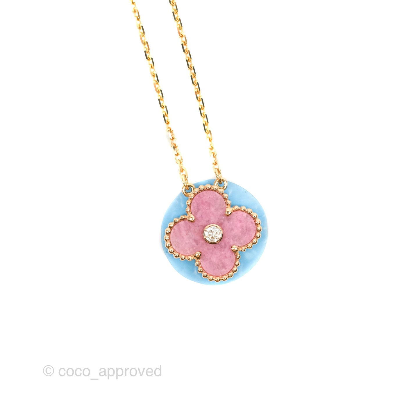 Van Cleef & Arpels Vintage Alhambra Diamond Rhodonite Necklace 18K Gold 2021 Holiday Pendant