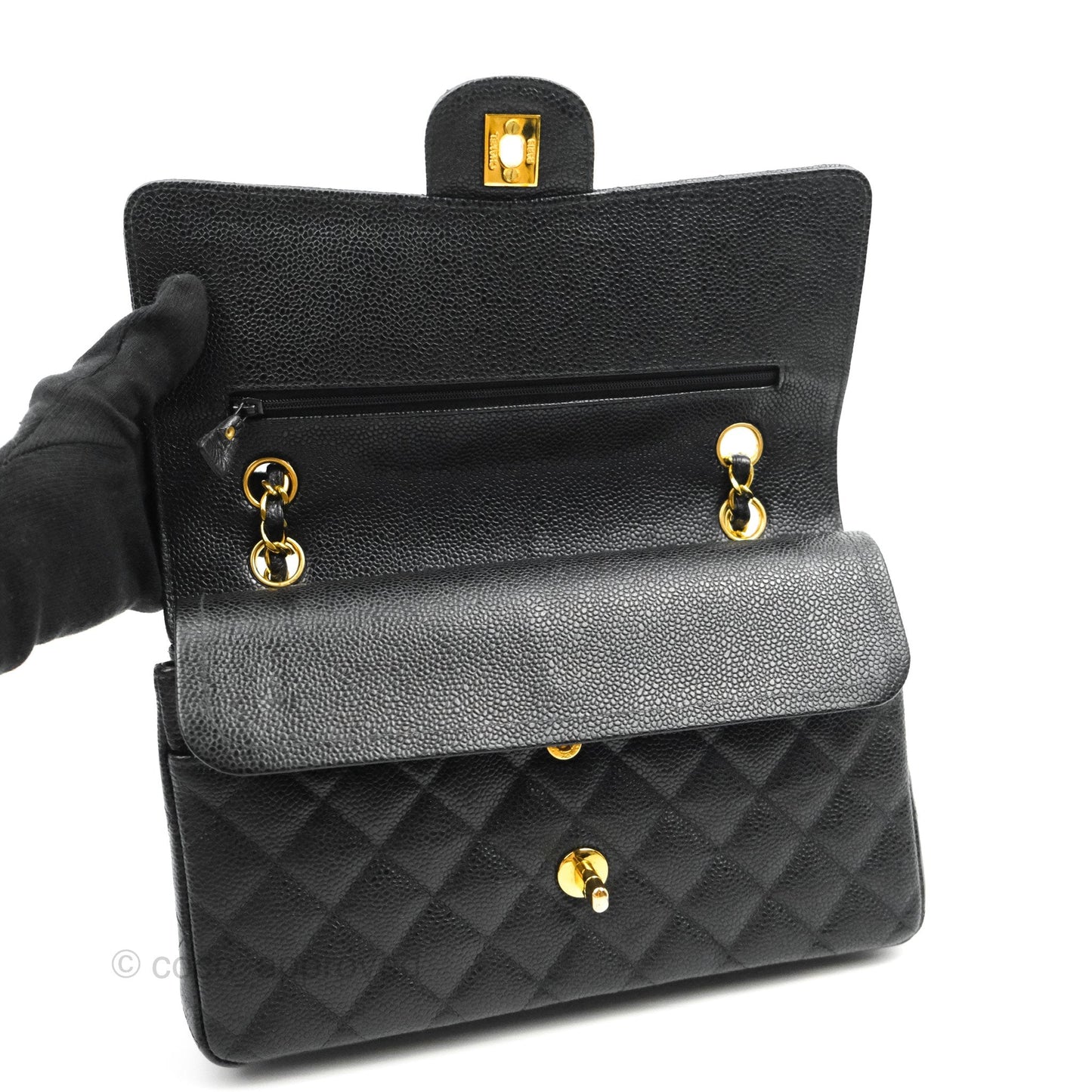 Chanel Vintage Classic M/L Medium Double Flap Black Caviar 24K Gold Hardware