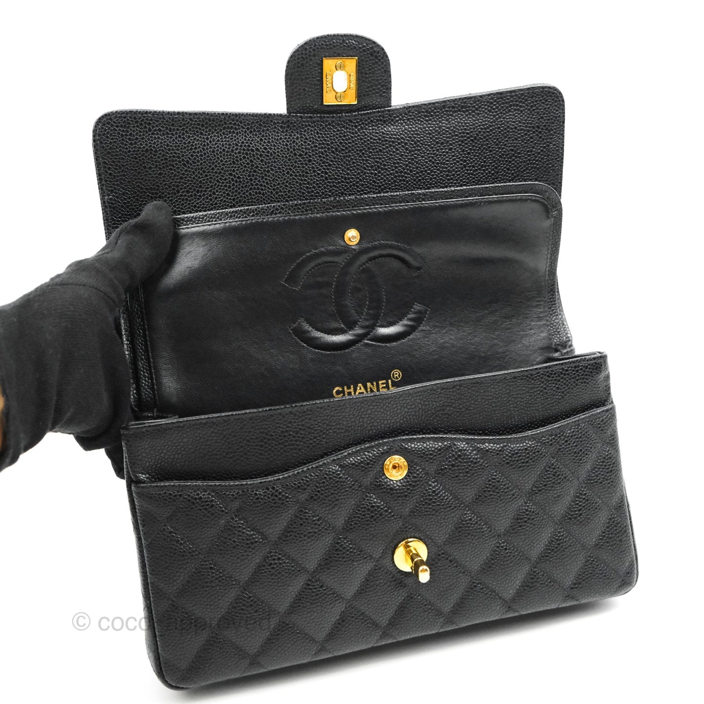 Chanel Vintage Classic M/L Medium Double Flap Black Caviar 24K Gold Hardware