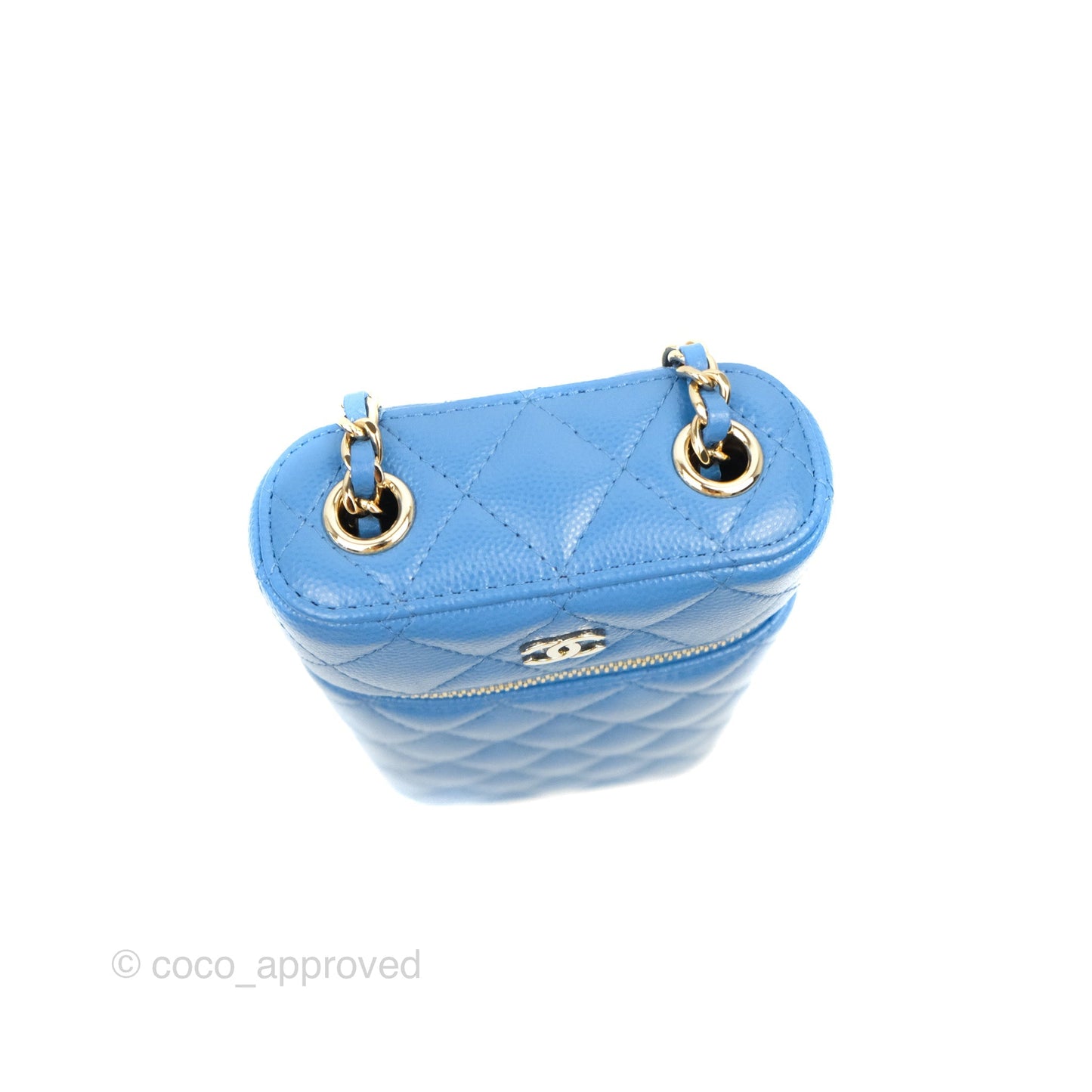 Chanel Quilted Vanity Phone Holder With Chain Blue Caviar Gold Hardware