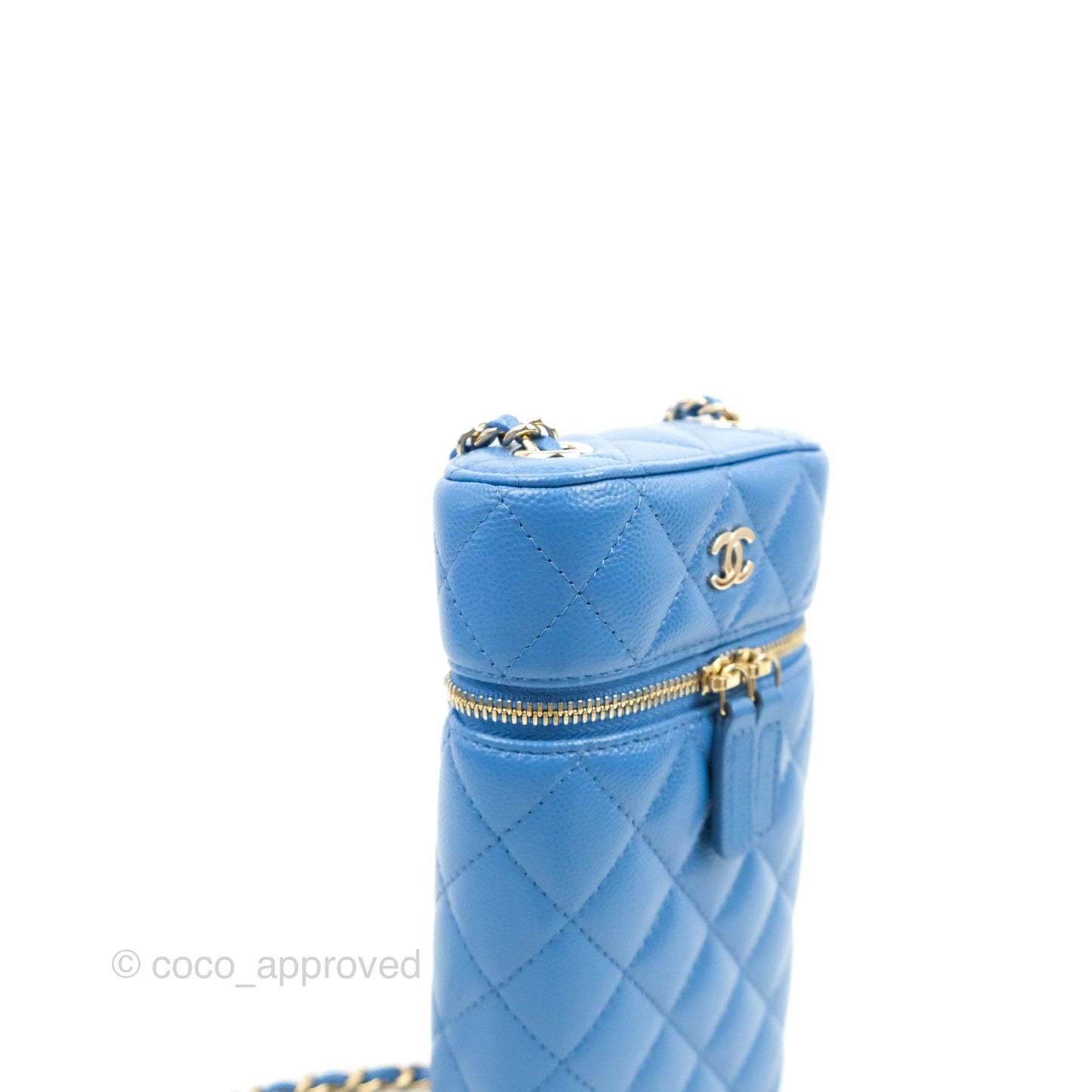 Chanel Quilted Vanity Phone Holder With Chain Blue Caviar Gold Hardware