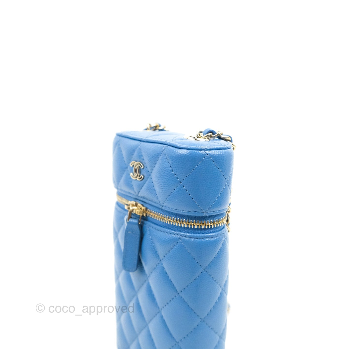 Chanel Quilted Vanity Phone Holder With Chain Blue Caviar Gold Hardware