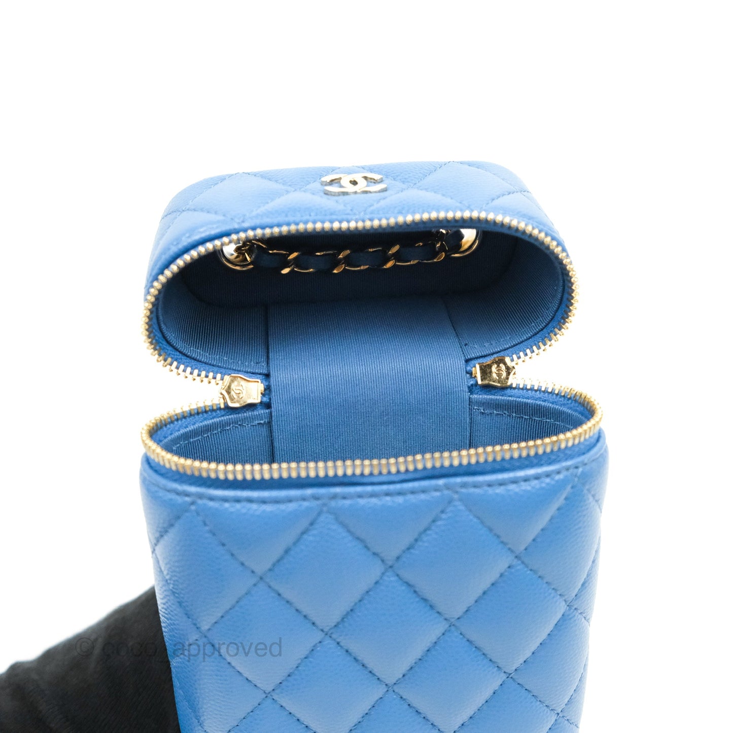 Chanel Quilted Vanity Phone Holder With Chain Blue Caviar Gold Hardware