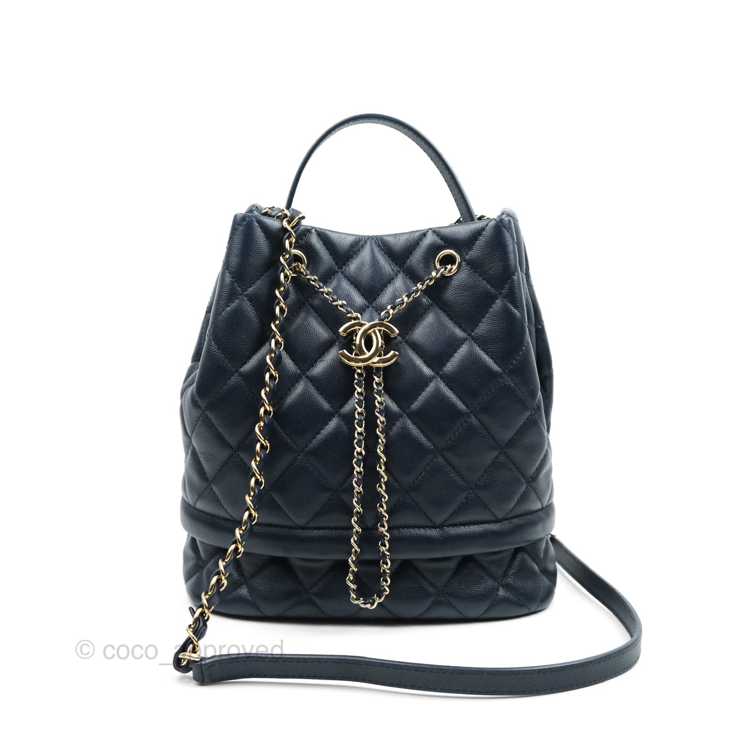 Chanel Medium Quilted Rolled Up Bucket Drawstring Bag Navy Caviar Gold Hardware