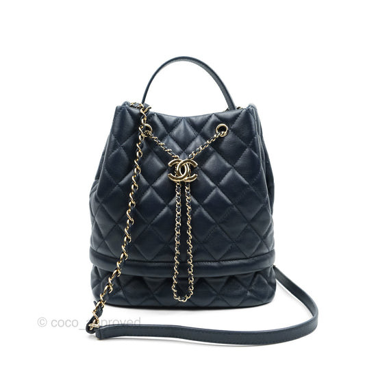 Chanel Medium Quilted Rolled Up Bucket Drawstring Bag Navy Caviar Gold Hardware