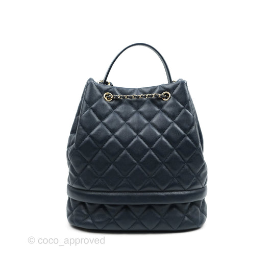 Chanel Medium Quilted Rolled Up Bucket Drawstring Bag Navy Caviar Gold Hardware