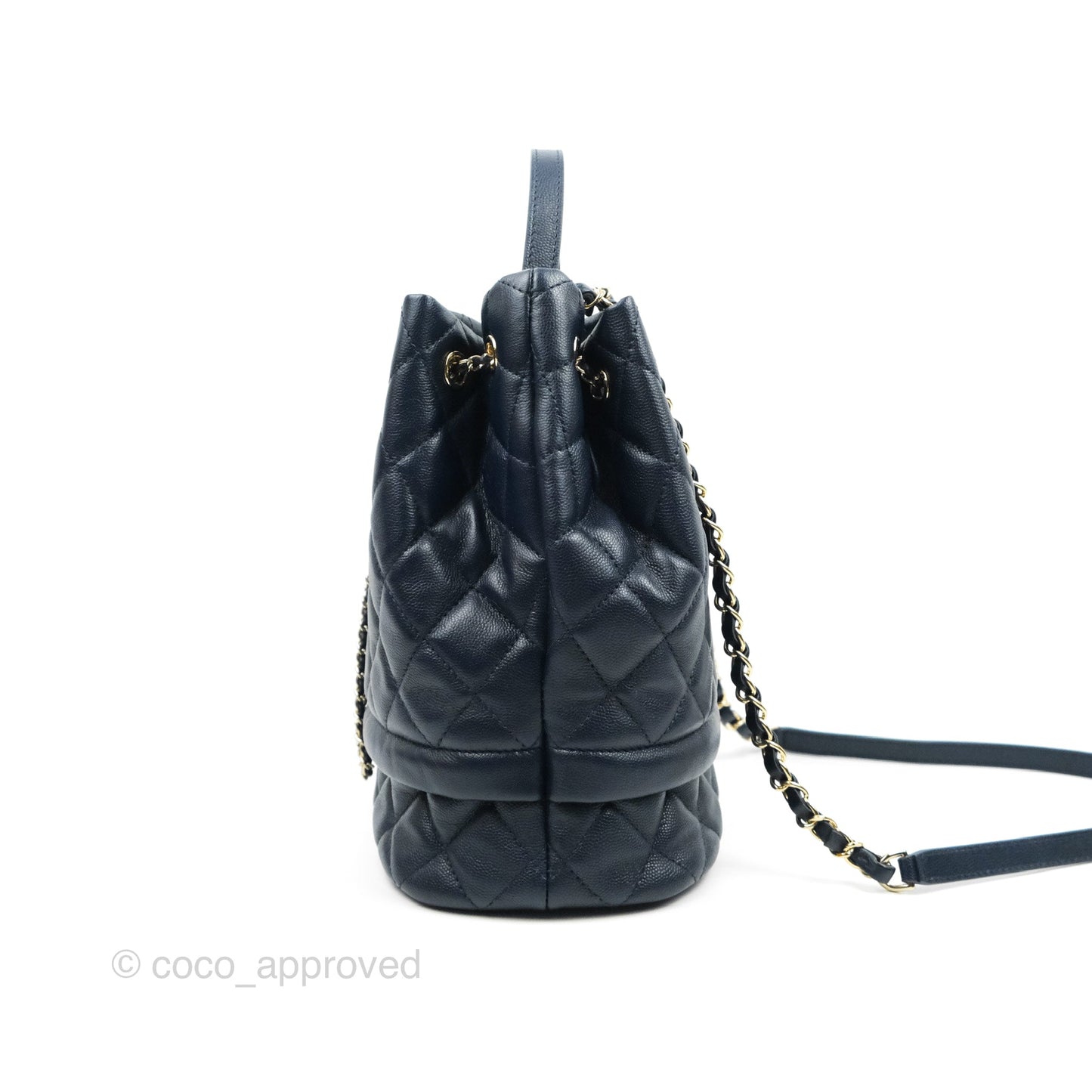 Chanel Medium Quilted Rolled Up Bucket Drawstring Bag Navy Caviar Gold Hardware