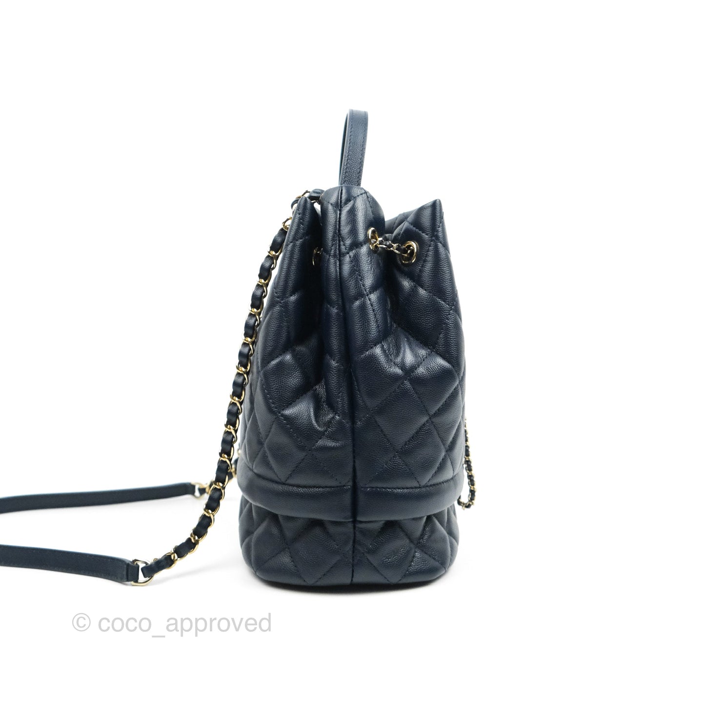 Chanel Medium Quilted Rolled Up Bucket Drawstring Bag Navy Caviar Gold Hardware