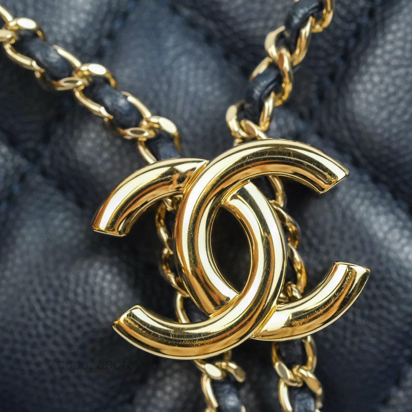 Chanel Medium Quilted Rolled Up Bucket Drawstring Bag Navy Caviar Gold Hardware